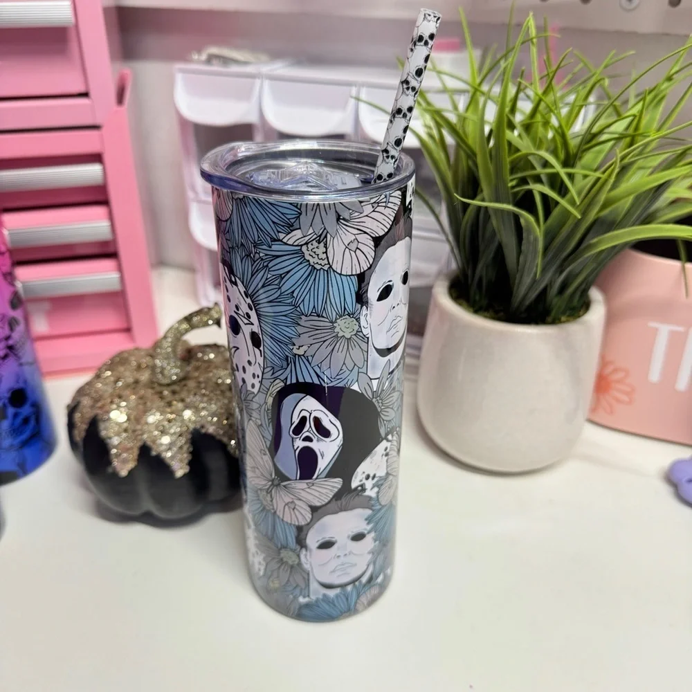 Floral Horror Tumbler with Skull Straw Spooky Halloween Fall Faces 20oz